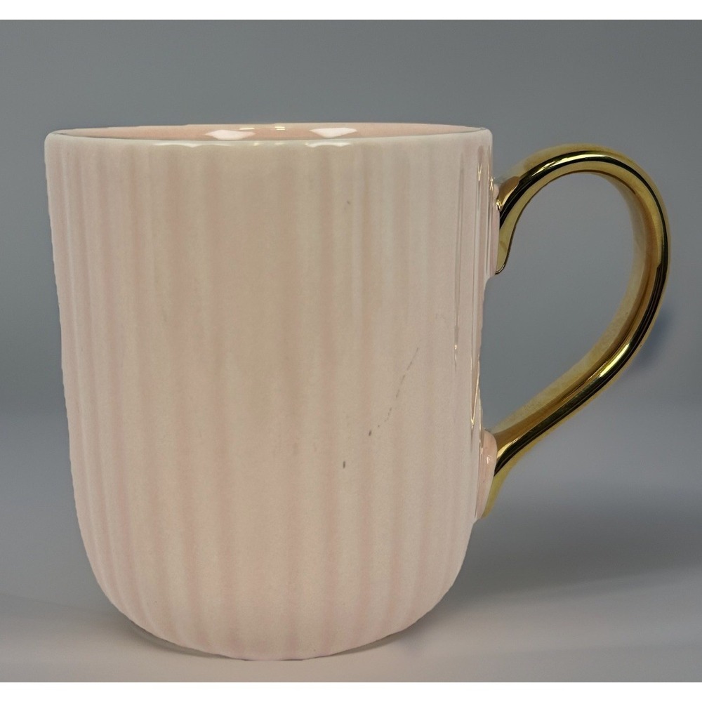 Camila Pink Ribbed Ceramic Mug Gold Handle Blush Coffee Tea Cup Dishwasher Safe‎